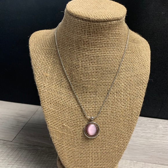 Lia Sophia Jewelry - Lia Sophia Silver Tone Pink Cats Eye Cabochon Circle Pendant Necklace 16-19 inch